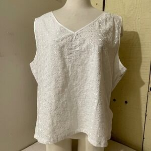 Eddie Bauer Womens XXL White Eyelet Tank Top Sleeveless Linen Cotton Blend NWT‎